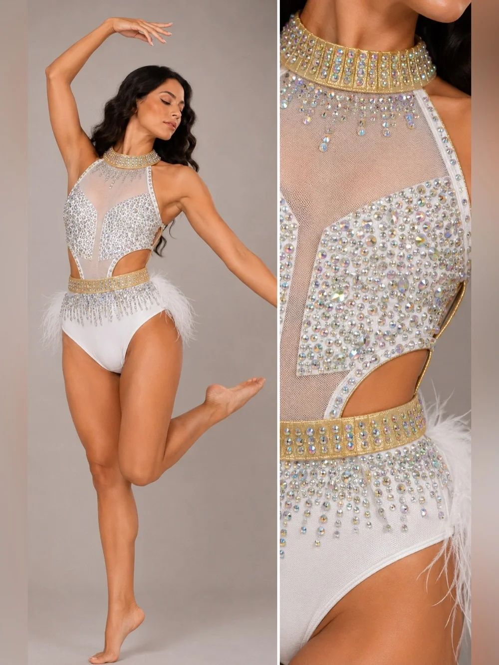 Glamour competition solo dance costume white jazz feather sassy MC-Medium child